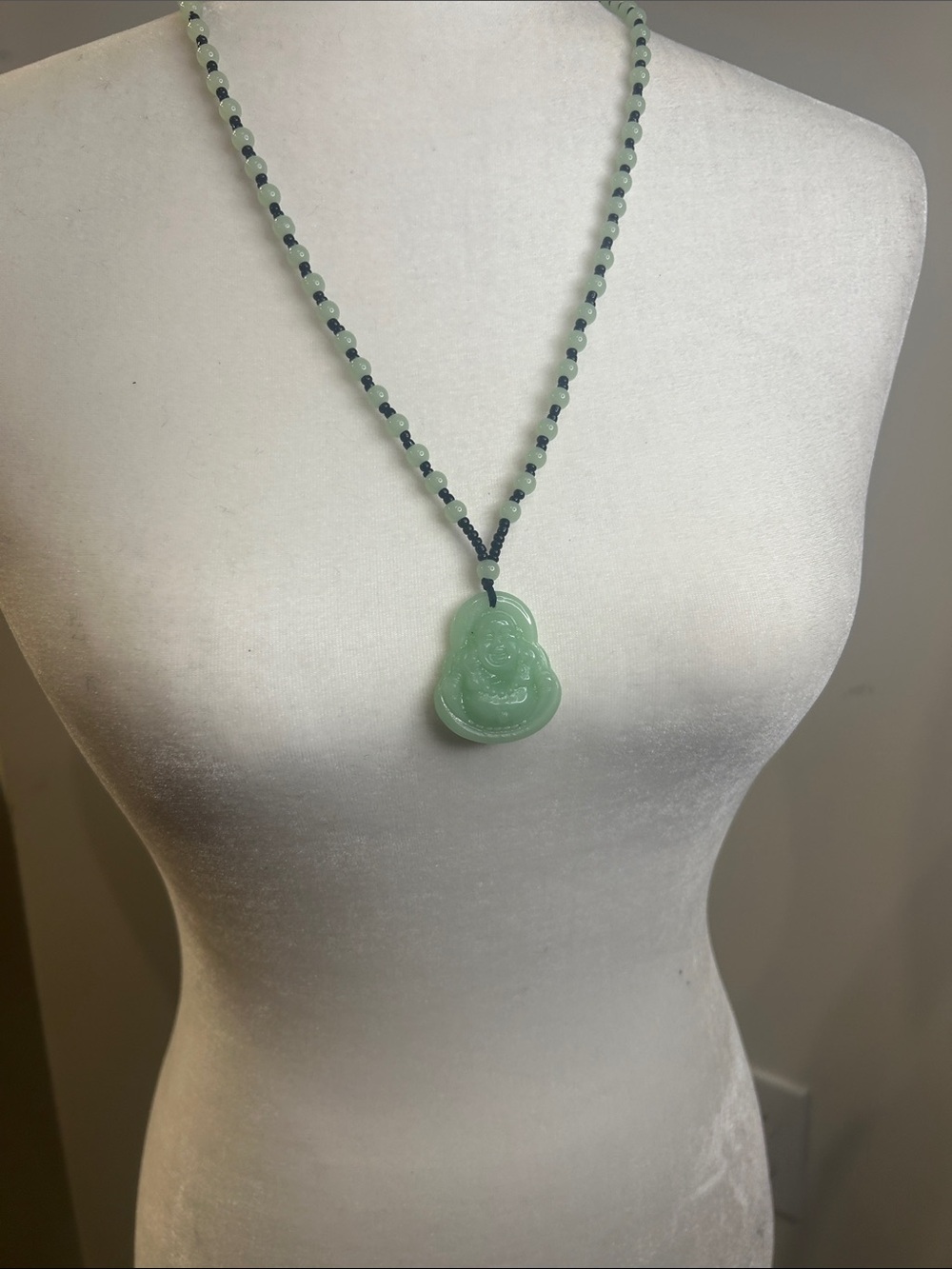 1.5” Green Onyx Buddha on a Green/Black Beaded Onyx 23” Dia Cord New